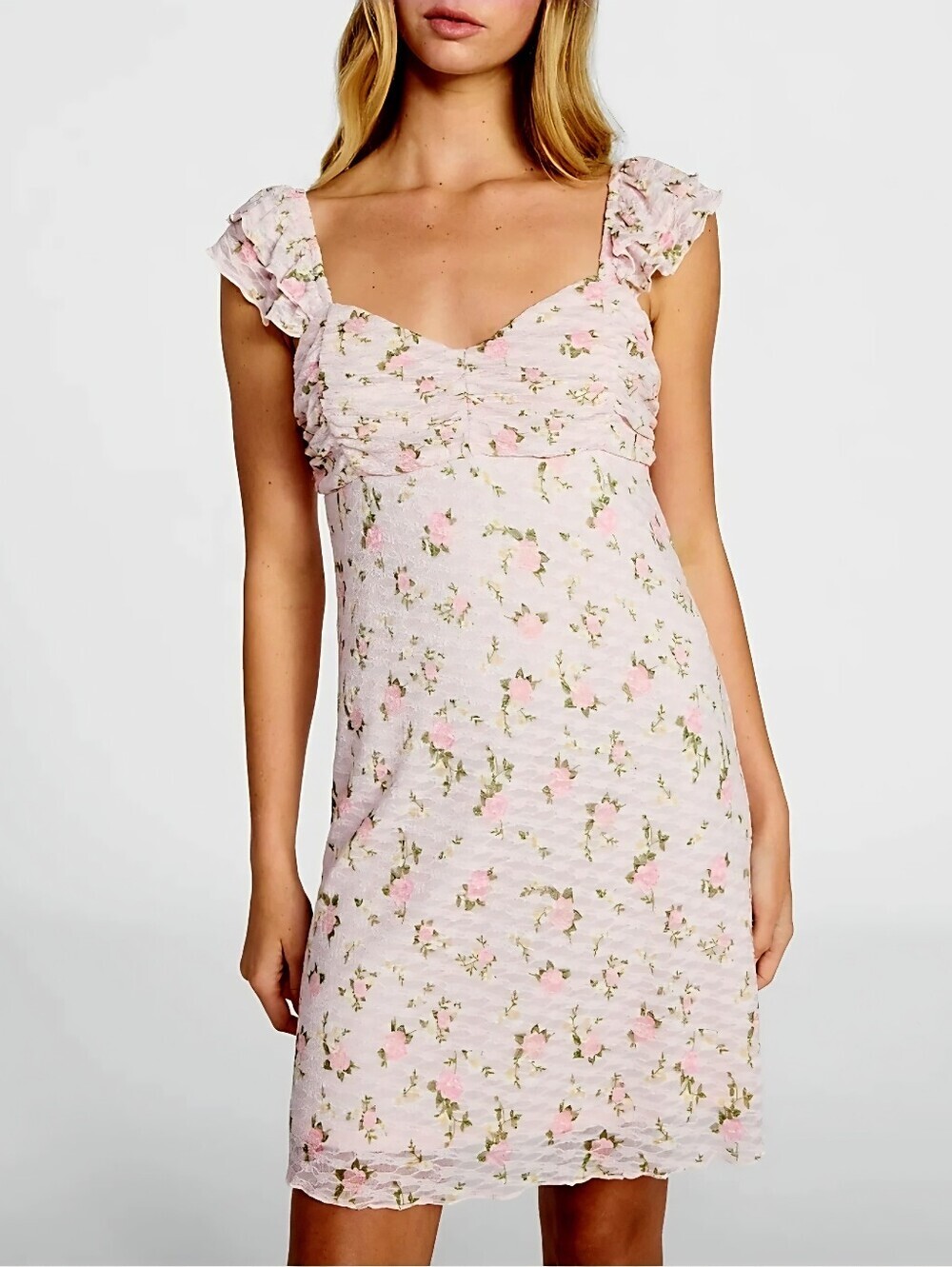 New Double Ruffle Ruched summer Lace Floral Mini Dress women's No Boundaries